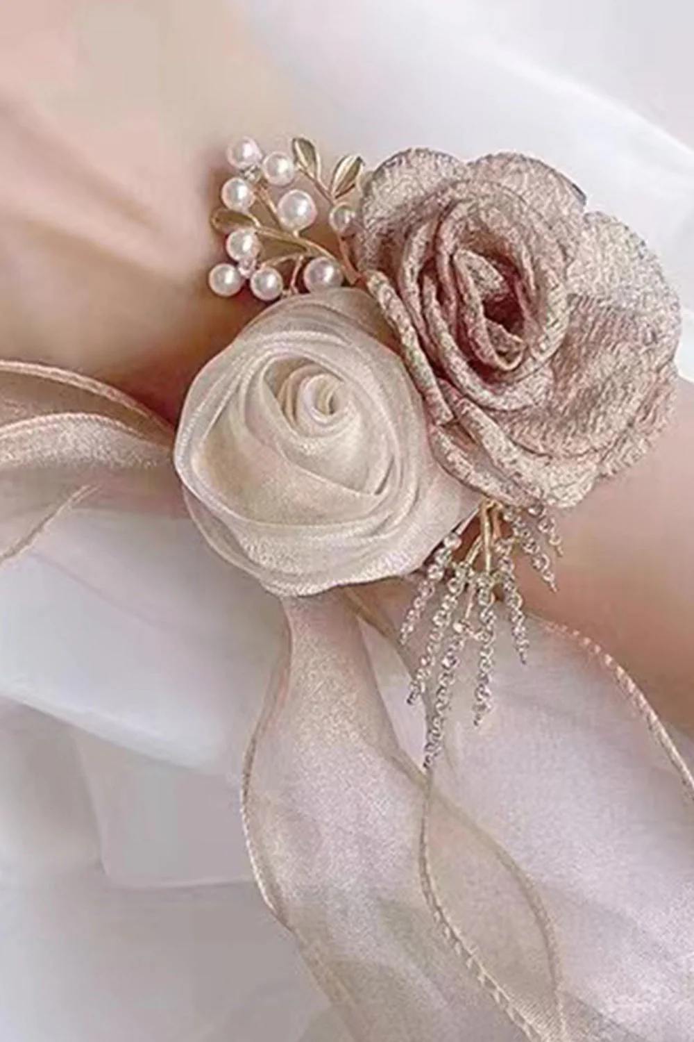 Champagne Two Flowers Wrist Corsage with Ribbon - JUORTHO