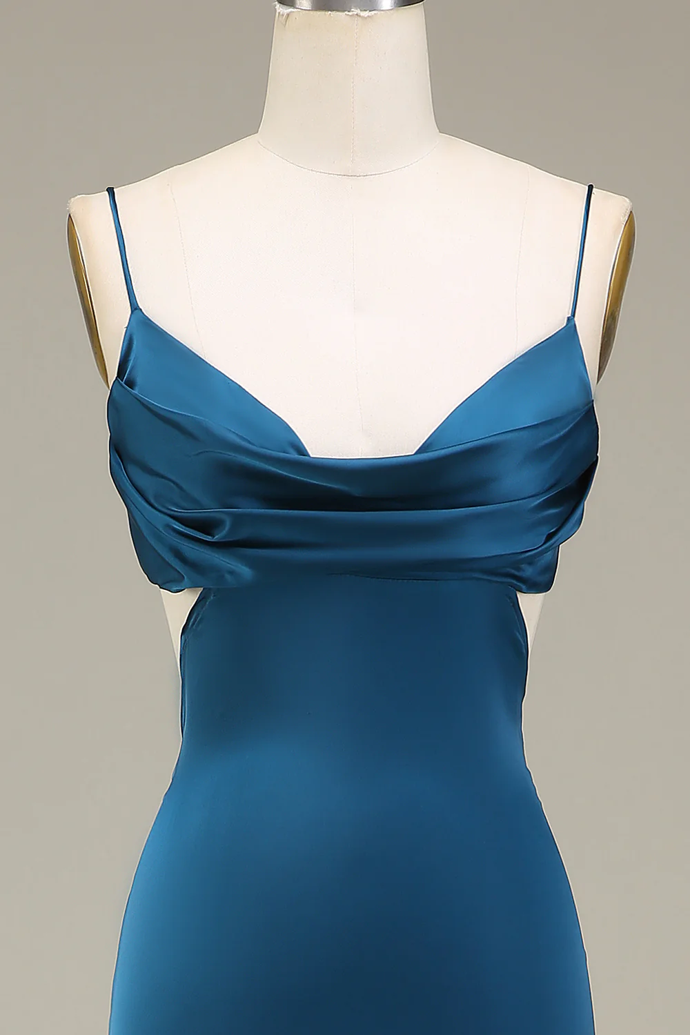 Peacock Sheath Spaghetti Straps Long Satin Bridesmaid Dress - JUORTHO