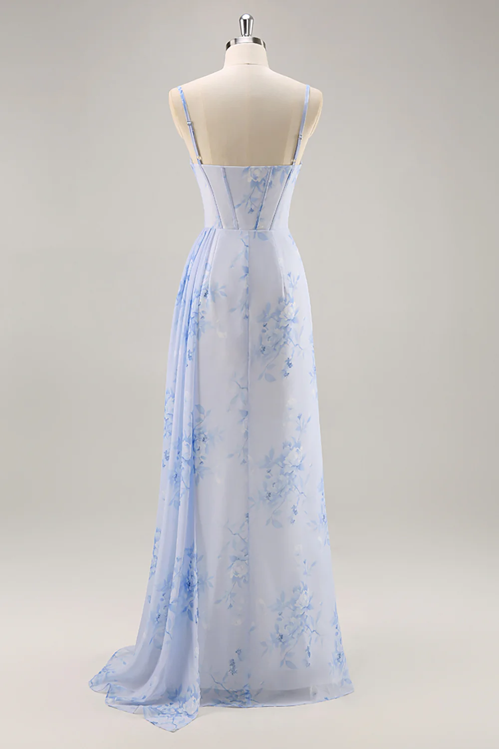 Blue Floral Ruched Corset Long Bridesmaid Dress with Slit - JUORTHO
