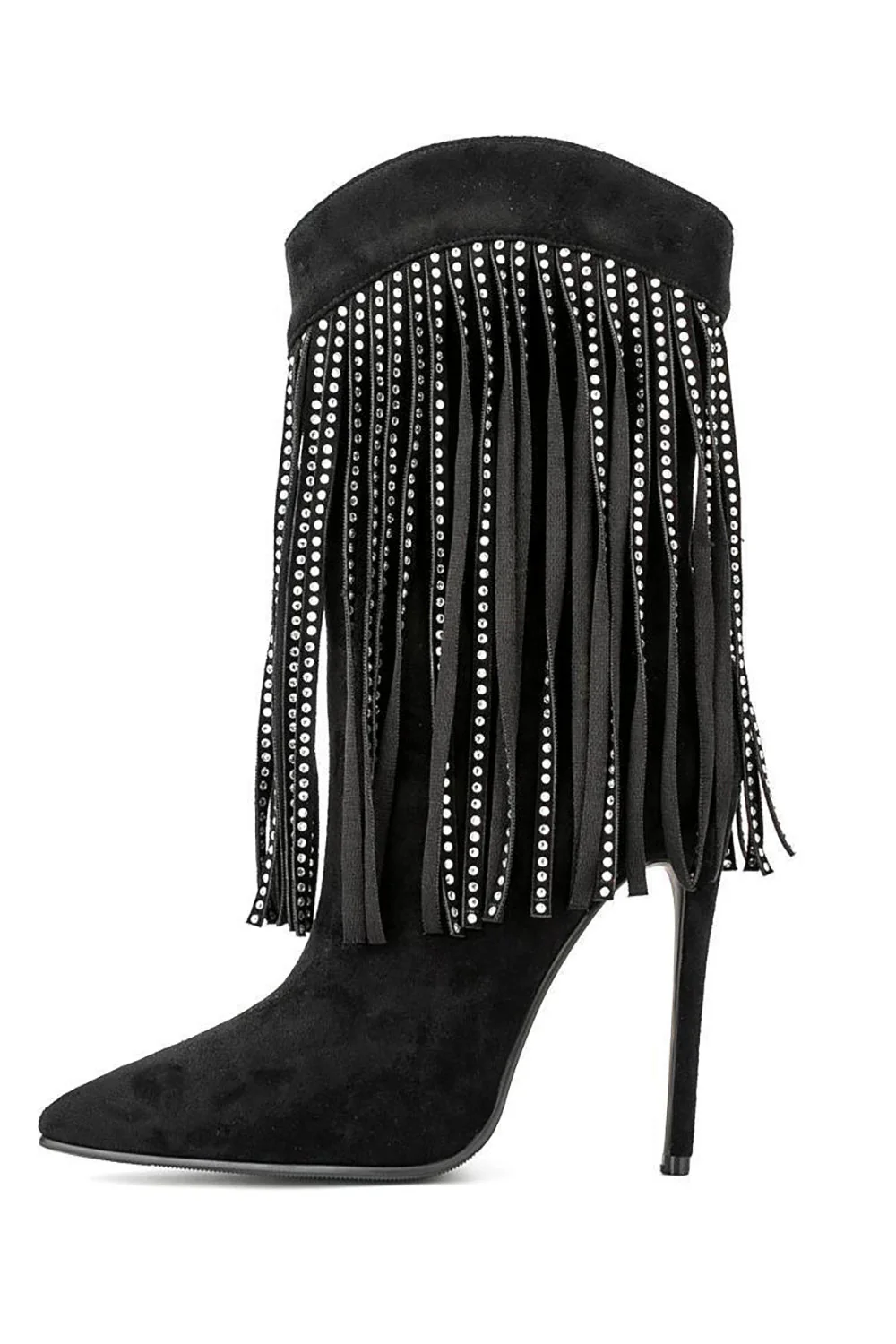 Black Suede Rhinestone Fringed Stiletto Heels Ankle Boots - JUORTHO