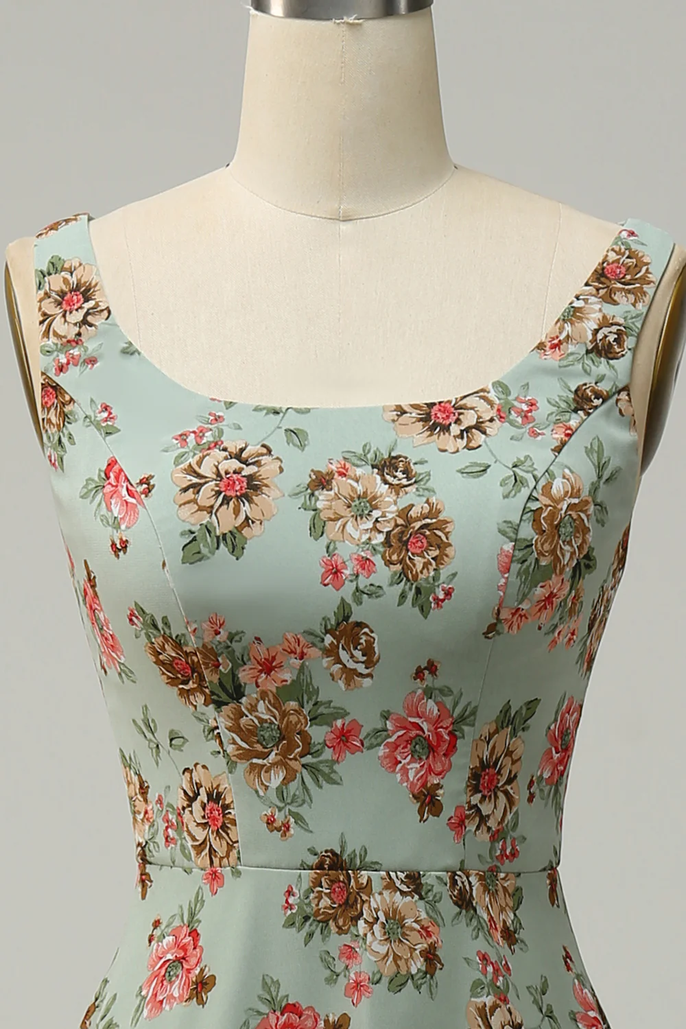 A Line Square Neck Green Floral Long Bridesmaid Dress with Open Back - JUORTHO