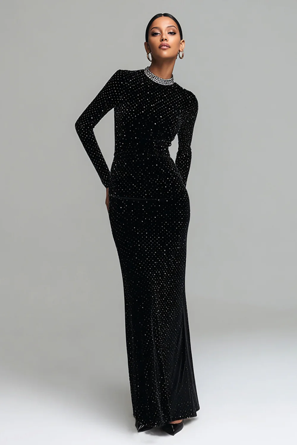 Sparkly Black Velvet Round Neck Long Holiday Party Dress with Sleeves - JUORTHO