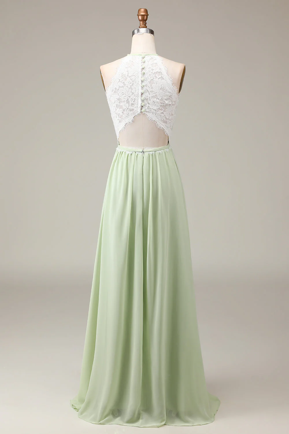 Dusty Sage Halter Neck Lace and Chiffon A-line Floor Length Bridesmaid Dress - JUORTHO