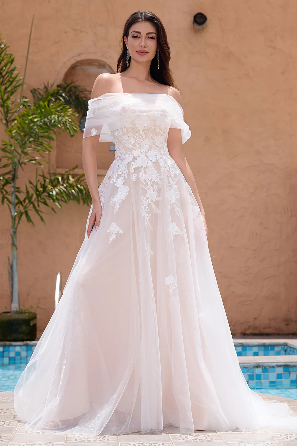 White Off the Shoulder A Line Tulle Bridal Dress with Embroidery - JUORTHO