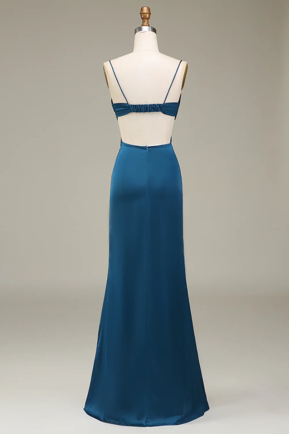 Peacock Sheath Spaghetti Straps Long Satin Bridesmaid Dress - JUORTHO