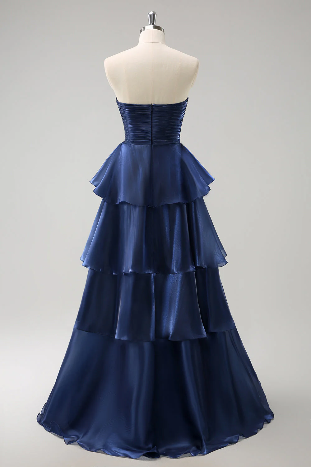 Dark Navy A Line Strapless Tiered Satin Long Bridesmaid Dress - JUORTHO