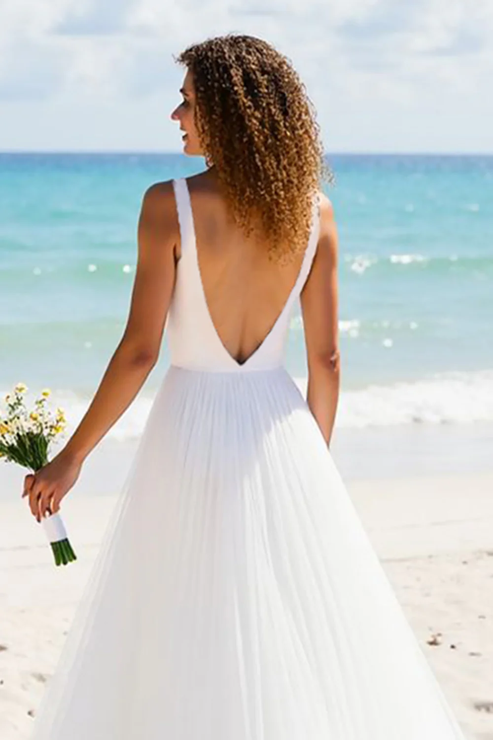 Ivory A Line Tulle V-Neck Backless Sweep Train Wedding Dress - JUORTHO