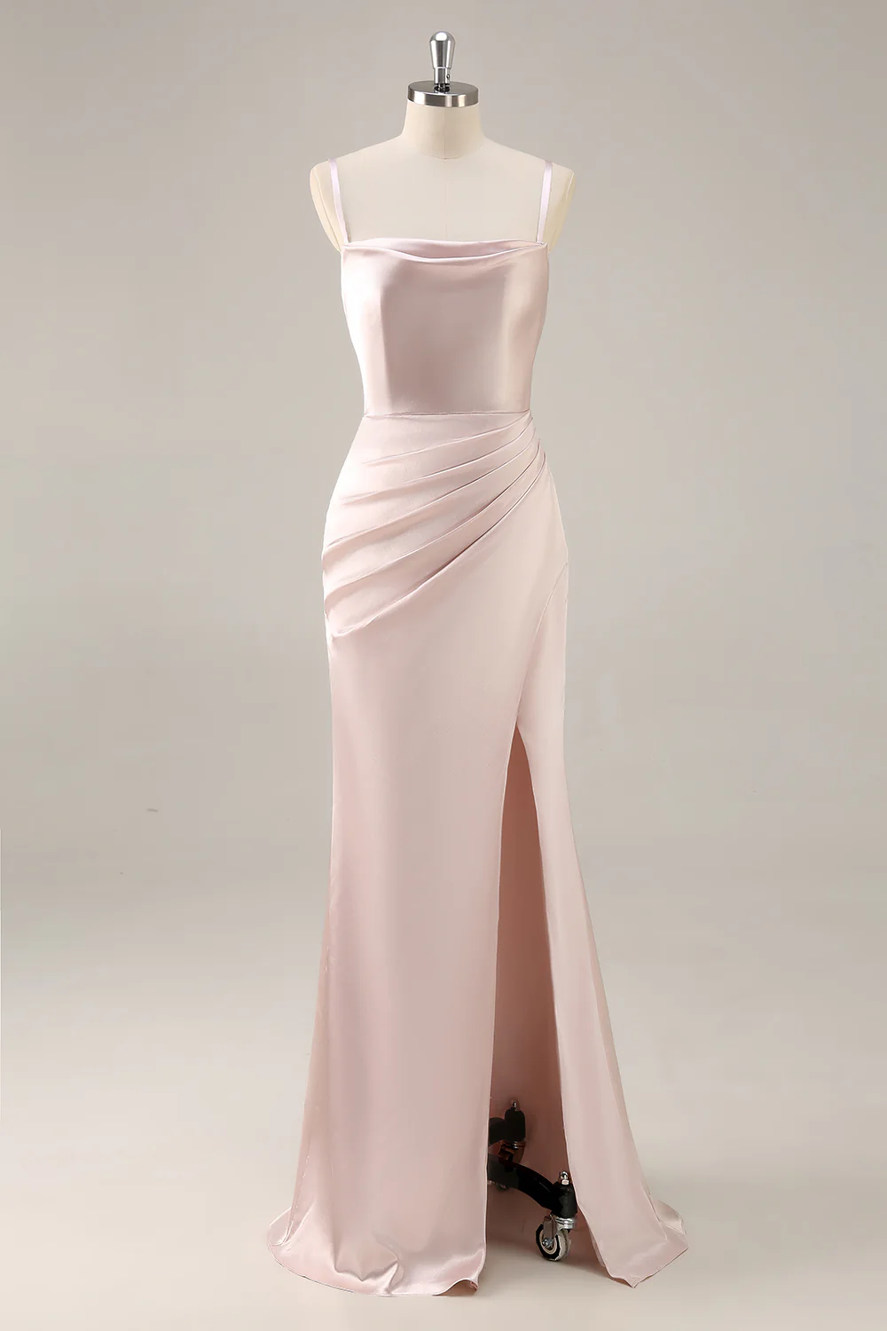 Candy Pink Mermaid Ruched Satin Long Bridesmaid Dress with Slit - JUORTHO