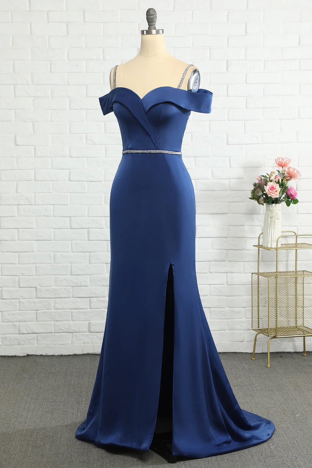 Mermaid Off the Shoulder Navy Bridesmaid Dress with Beading - JUORTHO