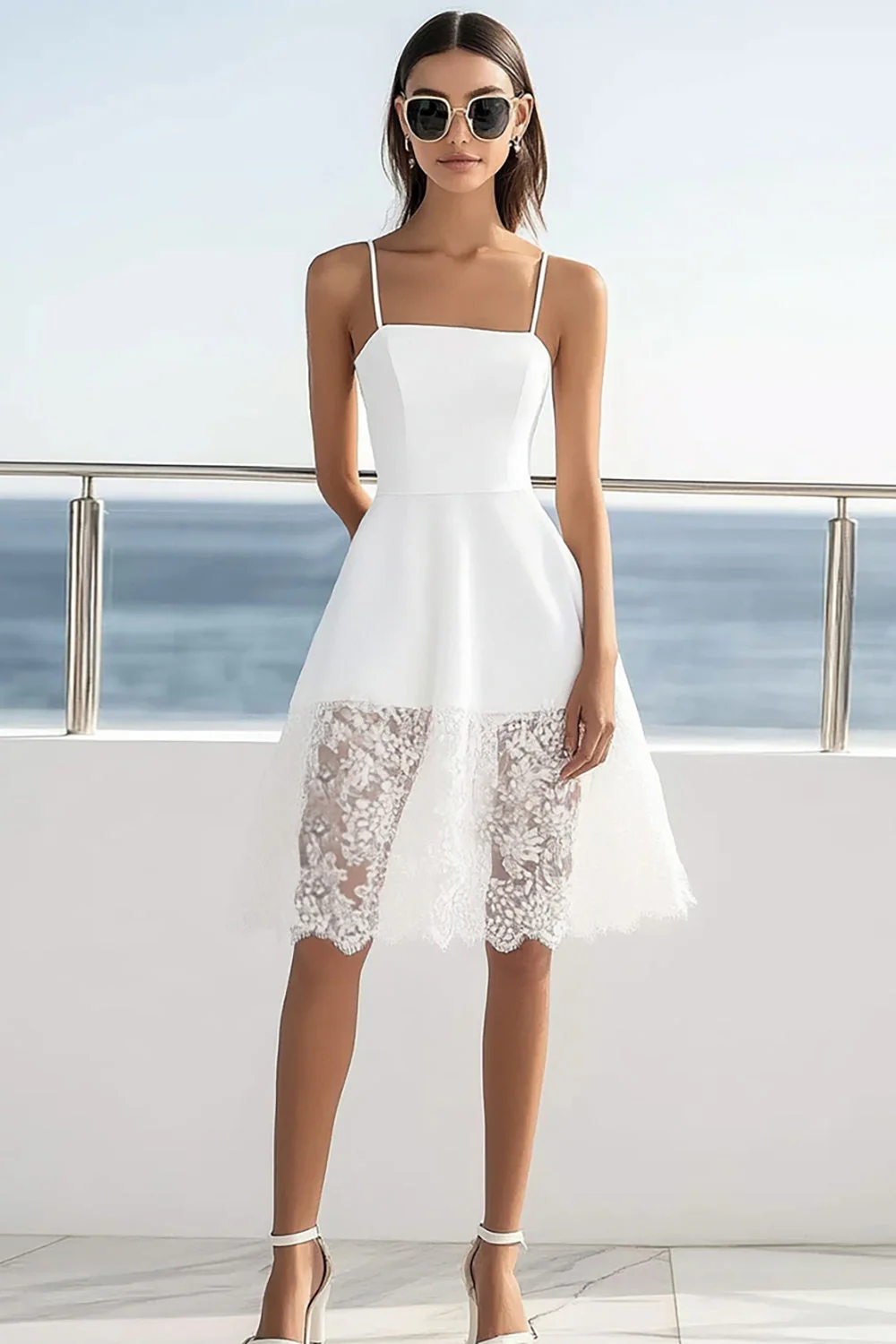 White Satin A Line Square Neck Short Graduation Dress with Lace - JUORTHO