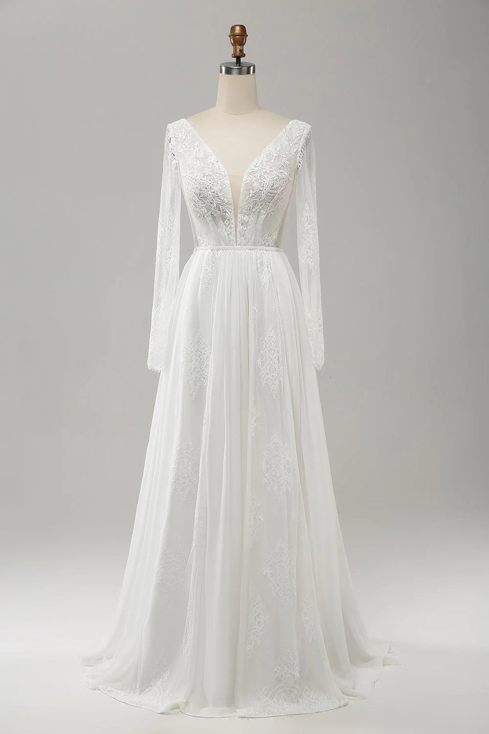 A Line V Neck Long Sleeve Beach Boho Wedding Dress with Lace Appliqued - JUORTHO