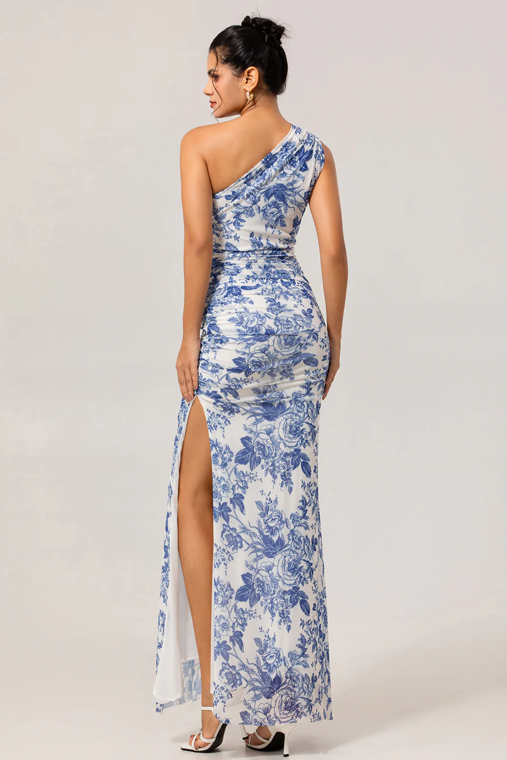 White Blue Floral One Shoulder Long Bridesmaid Dress with Slit - JUORTHO