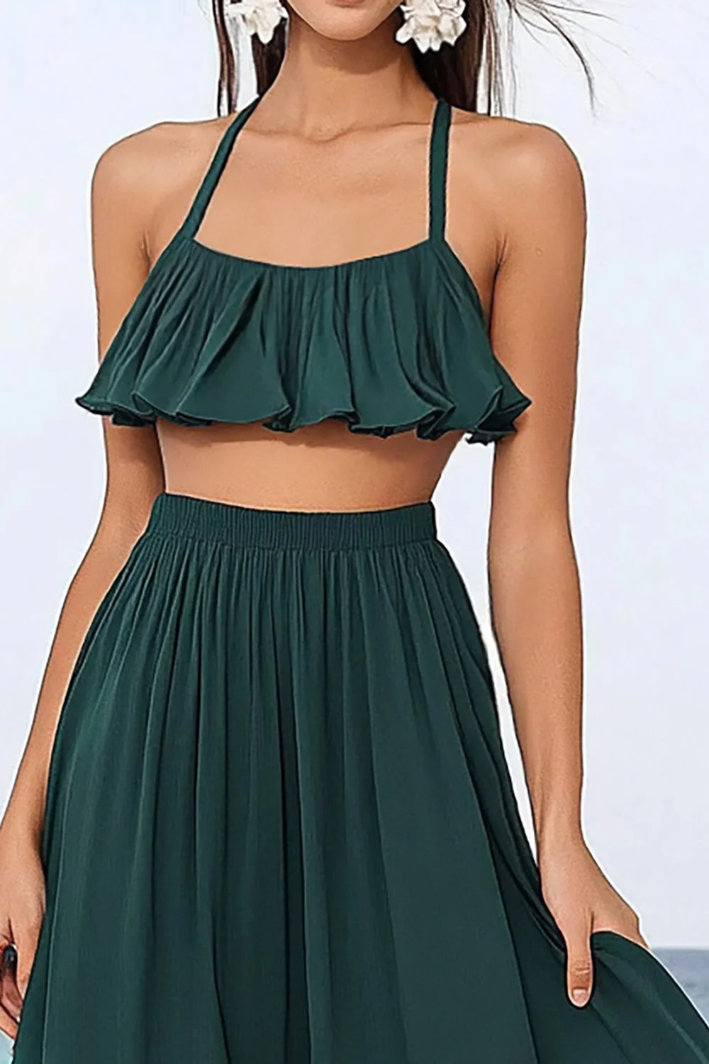 Dark Green A Line Chiffon Two Piece Boho Dress with Ruffles - JUORTHO