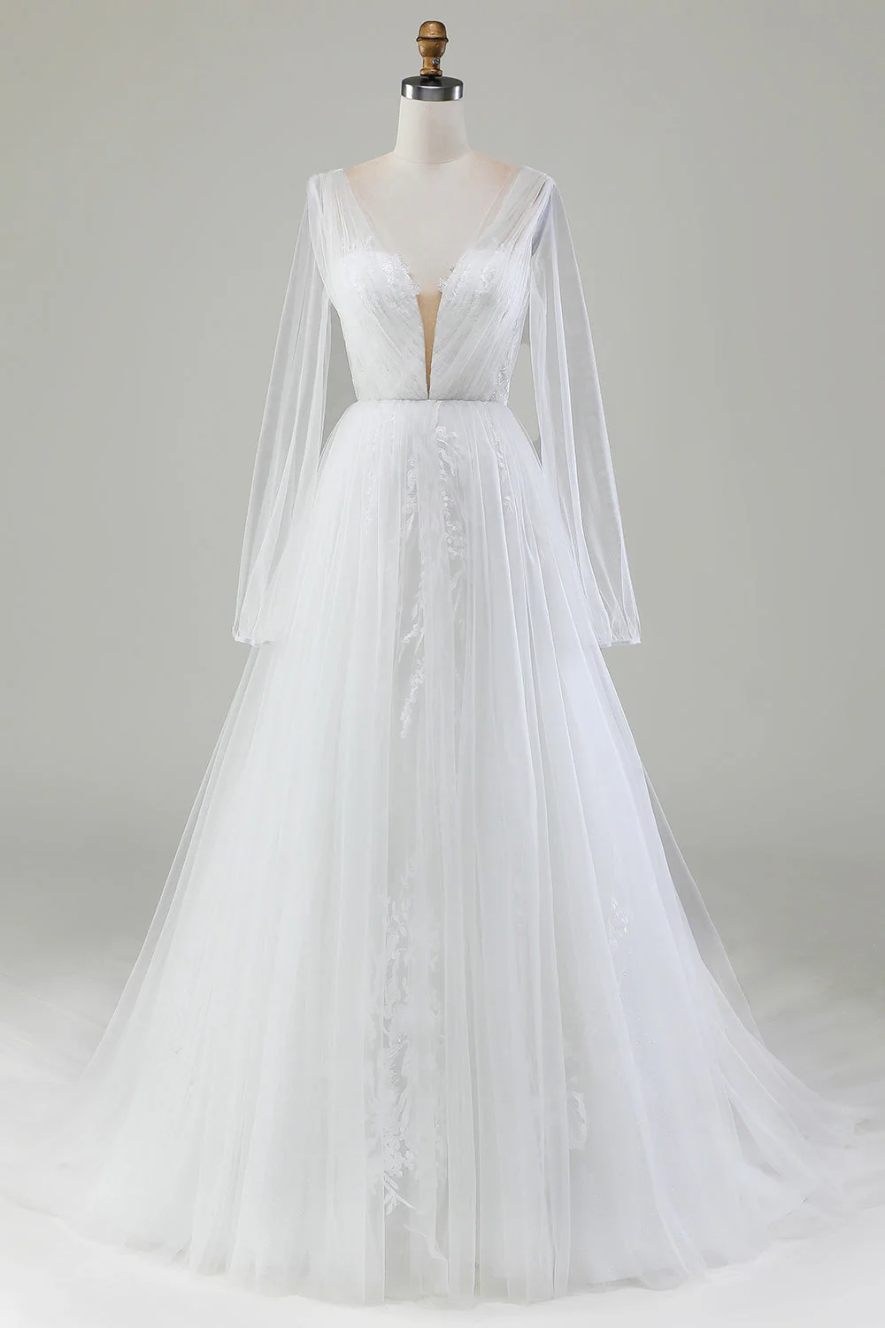Ivory A-Line V-Neck Pleated Tulle Wedding Dress With Long Sleeves - JUORTHO