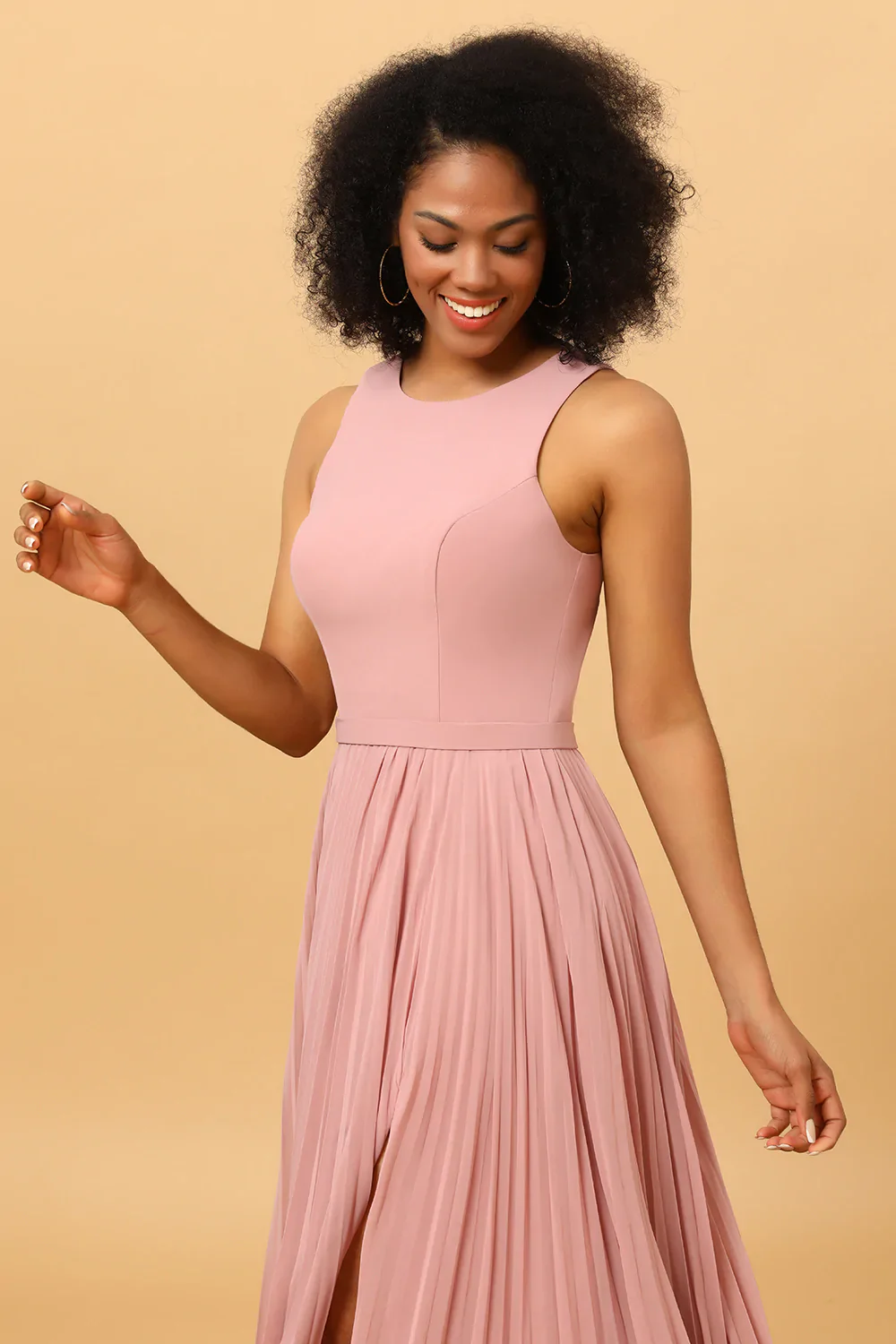 Blush Long Chiffon Pleated Bridesmaid Dress with Slit - JUORTHO