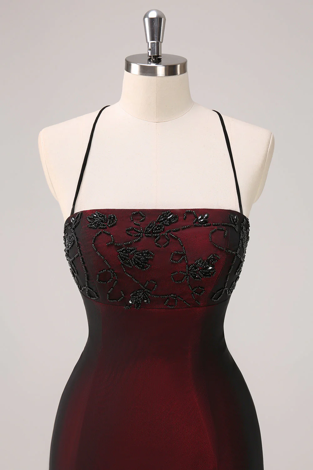 Black Red Spaghetti Straps Mermaid Long Bridesmaid Dress with Beading - JUORTHO