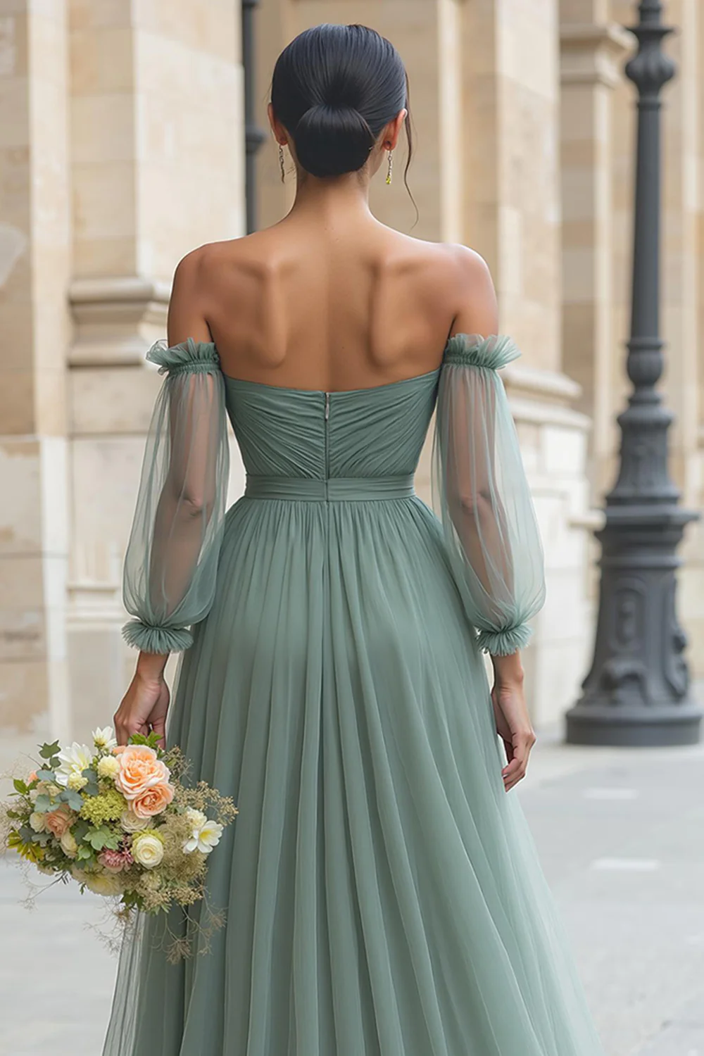 Eucalyptus Off the Shoulder Tulle A-Line Long Bridesmaid Dress with Sleeves - JUORTHO