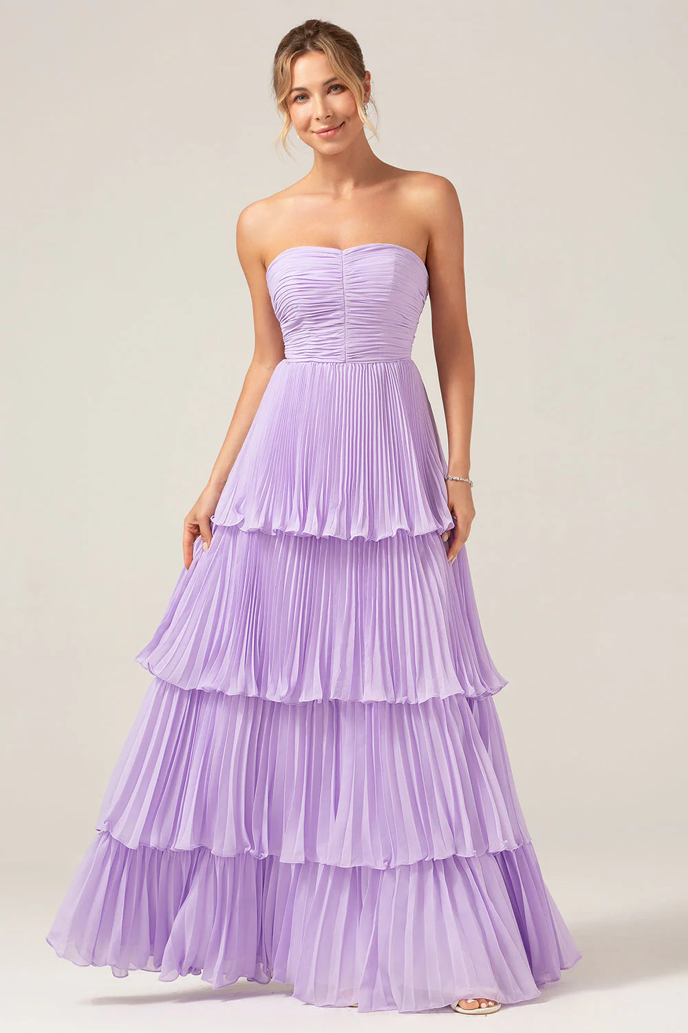 A-Line Sweetheart Tiered Chiffon Long Lilac Bridesmaid Dress with Pleated - JUORTHO