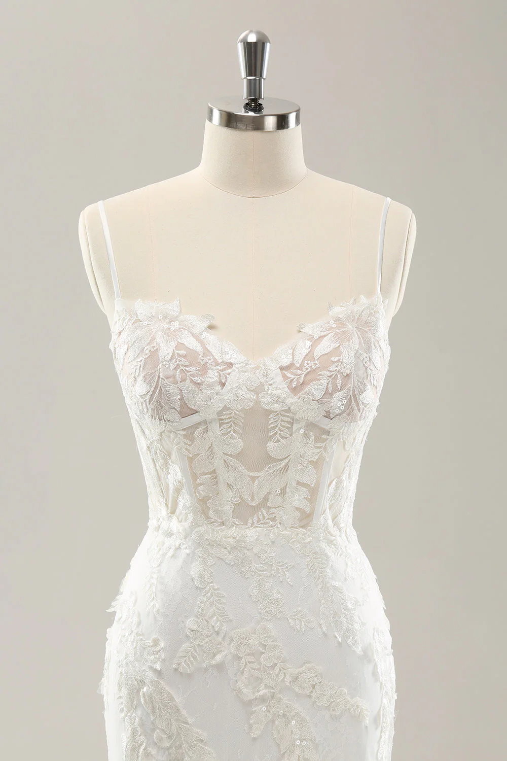 White Mermaid Spaghetti Straps Applique Lace Corset Wedding Dress with Lace-up Back - JUORTHO