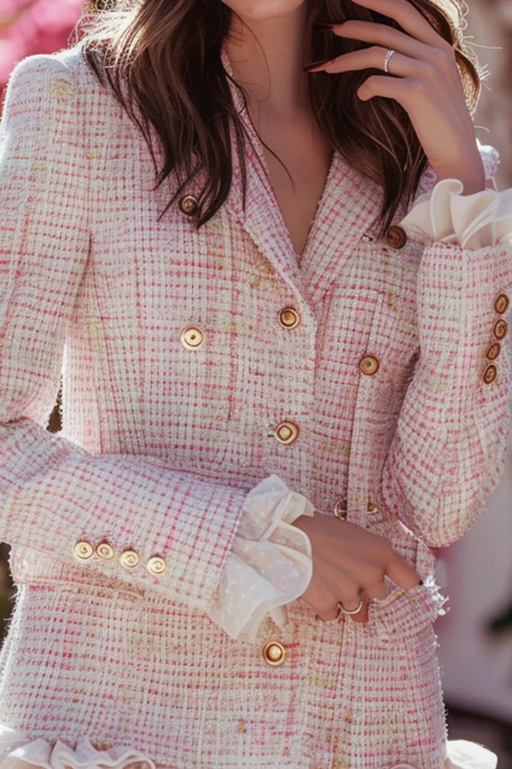 Light Pink Tweed Plaid Short Homecoming Dress with Ruffles - JUORTHO