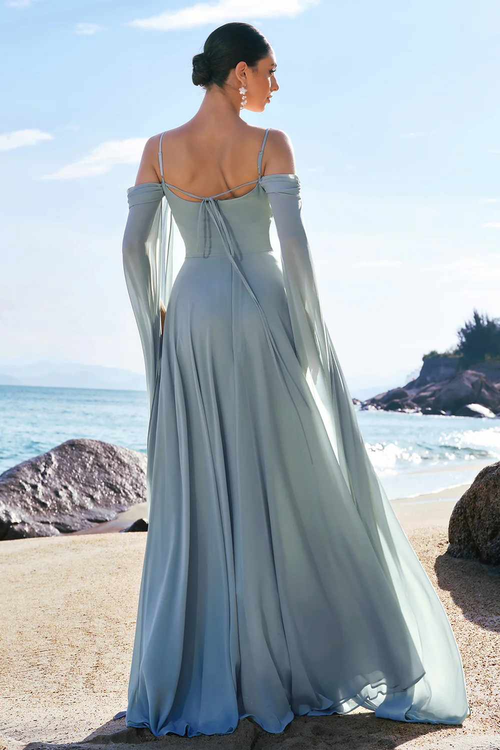 Dusty Blue Cold Shoulder A-Line Long Bridesmaid Dress with Detachable Sleeves - JUORTHO