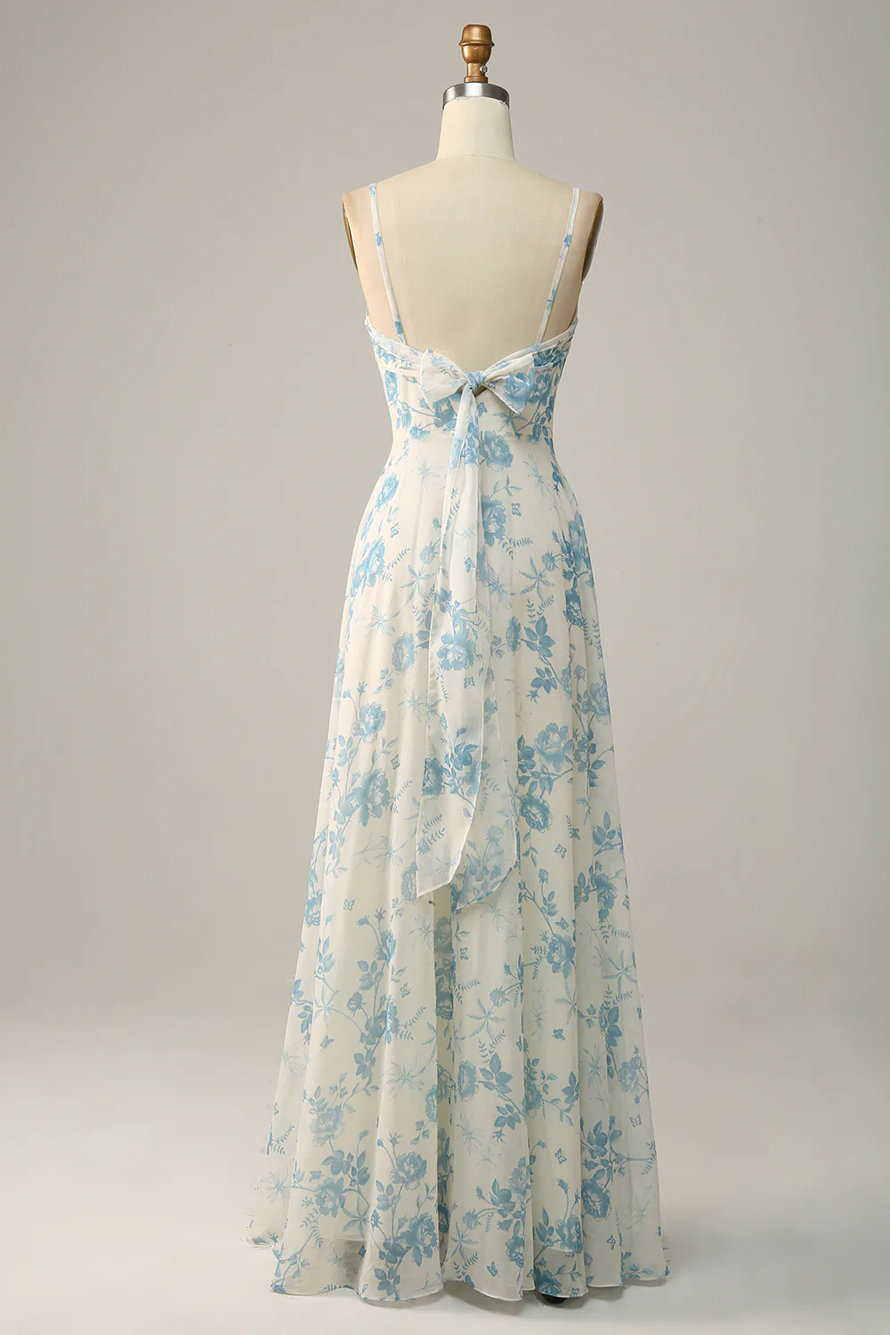 Spaghetti Straps Blue Floral Long Bridesmaid Dress - JUORTHO
