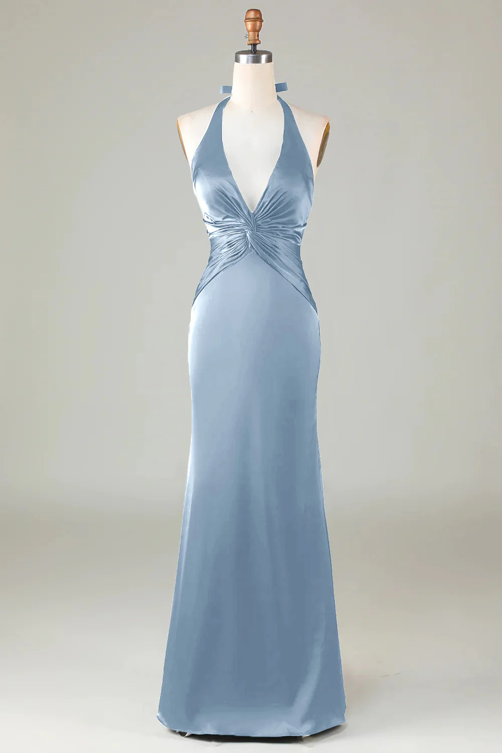 Mermaid Halter Dusty Blue Long Satin Bridesmaid Dress - JUORTHO