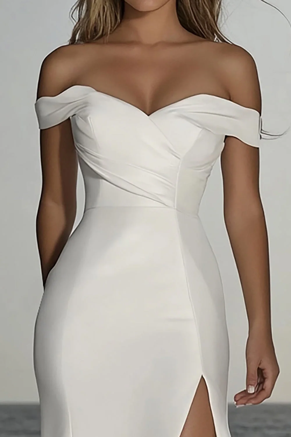 Satin Ruched Off the Shoulder Mermaid Ivory Wedding Dress with Slit - JUORTHO