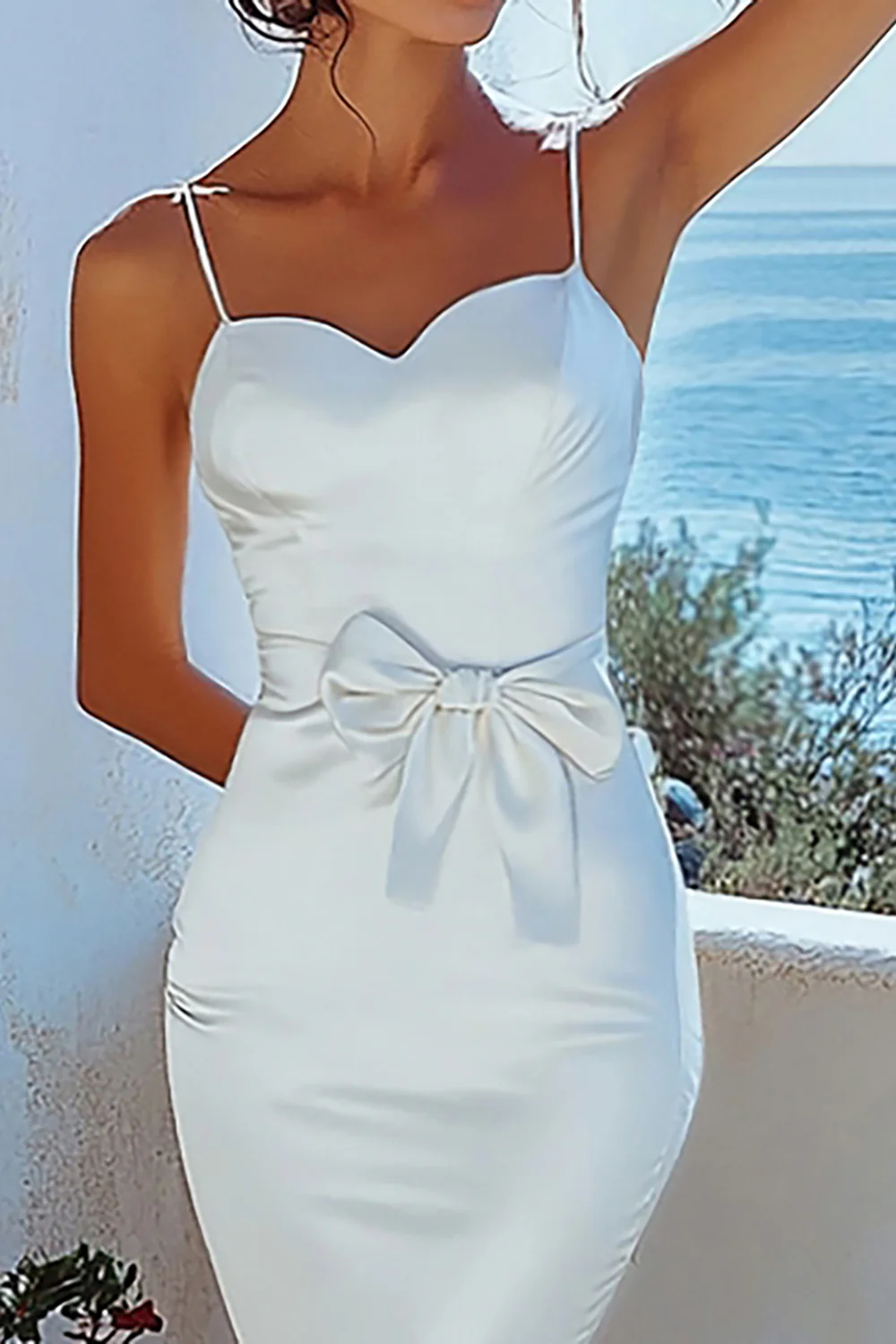 Spaghetti Straps White Satin Long Graduation Dress with Bowknot - JUORTHO