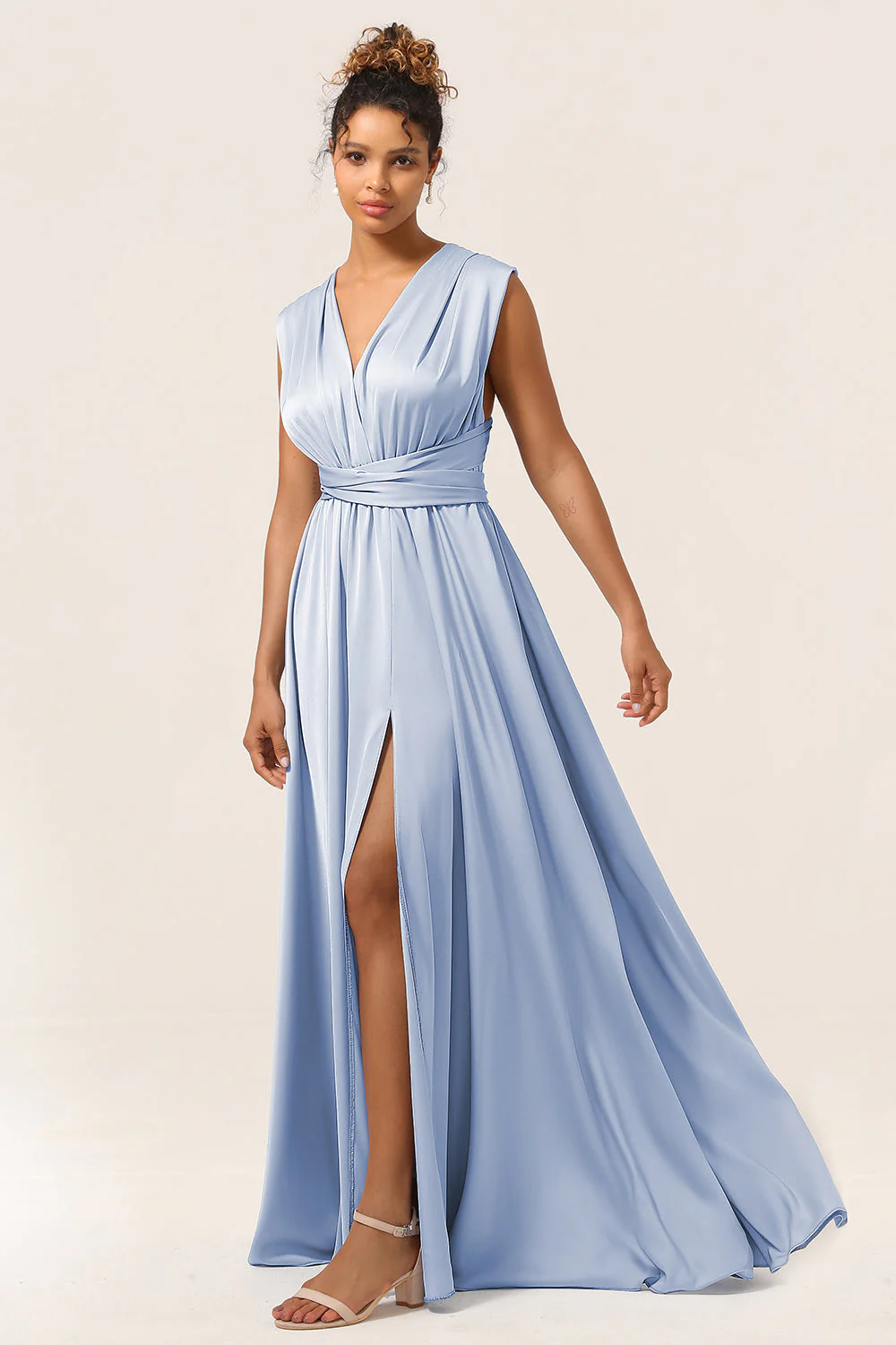 Blue Satin Convertible Bridesmaid Dress with Slit - JUORTHO