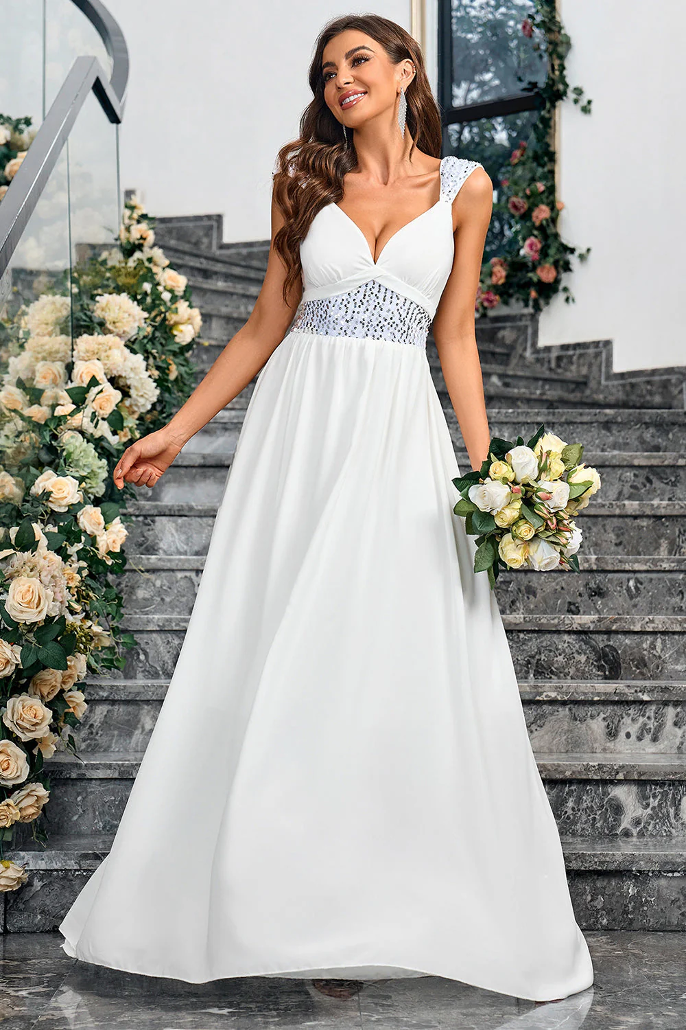 White A Line Spaghetti Straps Sequin Long Party Dress - JUORTHO