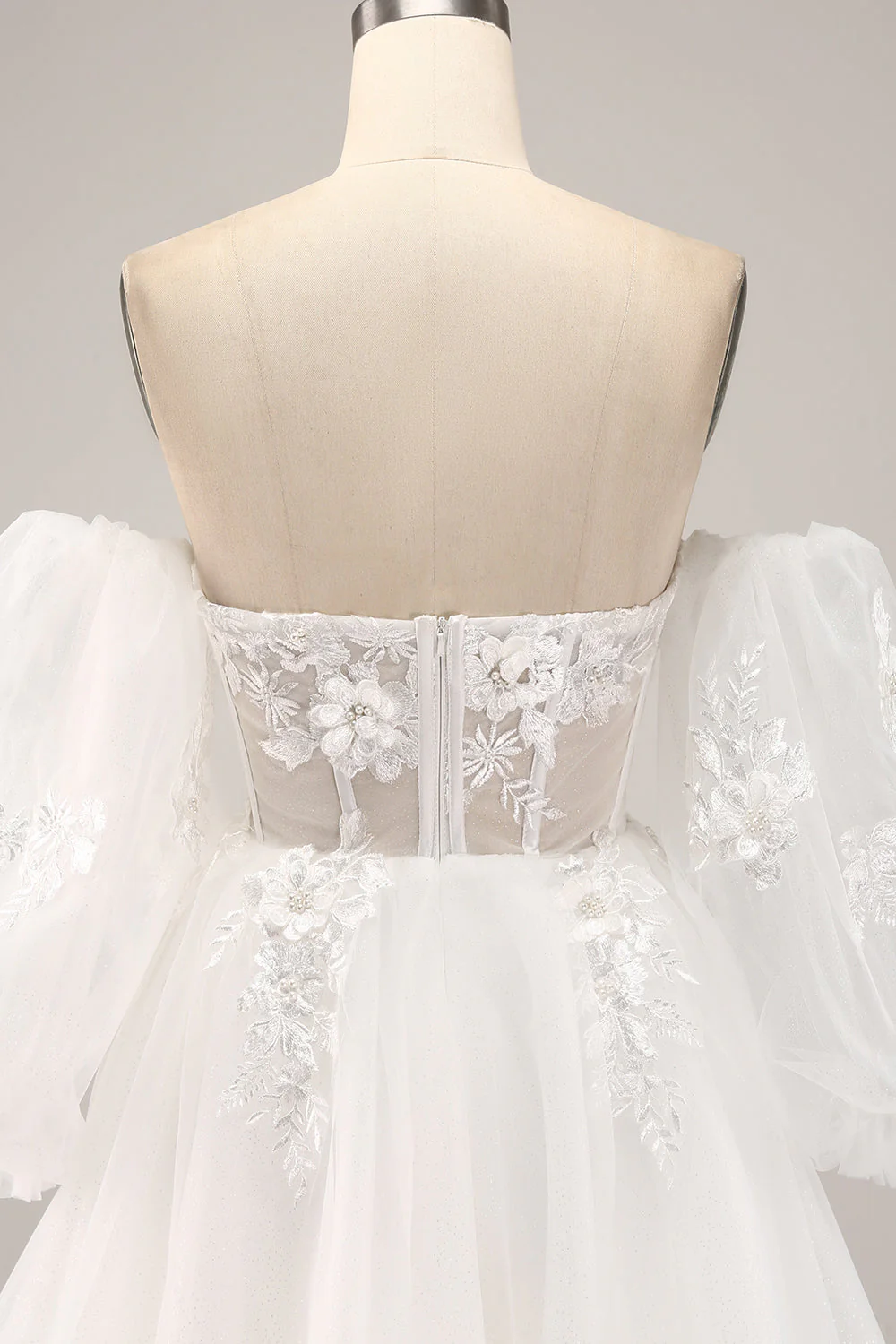 Off the Shoulder Tulle Wedding Dress with Appliques - JUORTHO