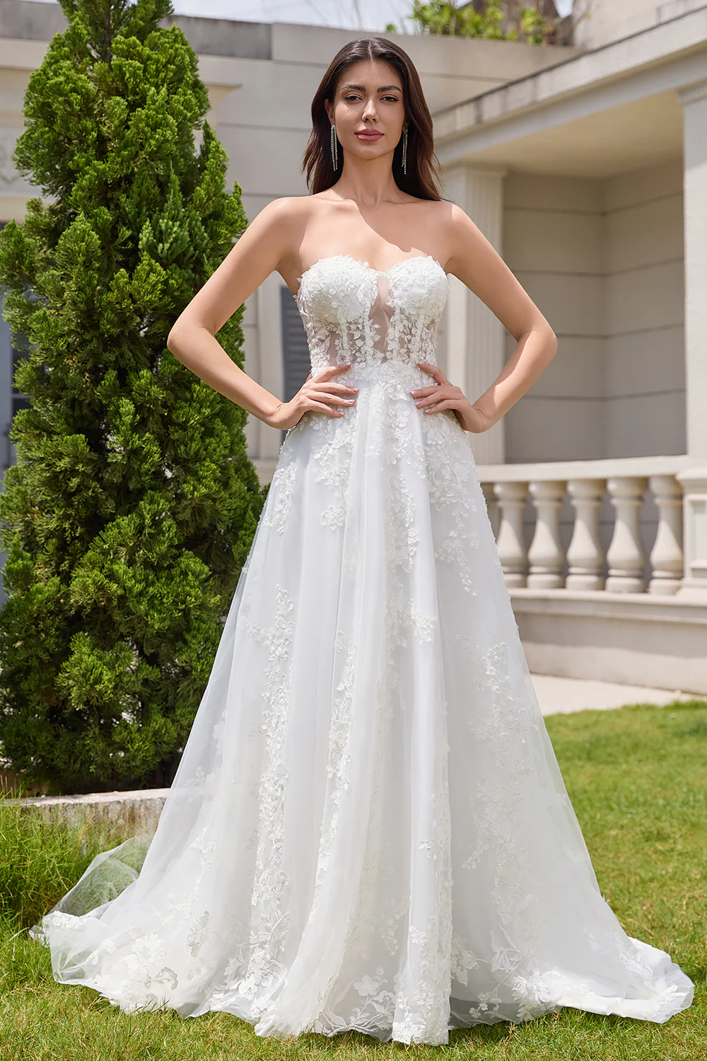 Princess White A-Line Lace Up Corset Tulle Wedding Dress with Appliques Lace - JUORTHO