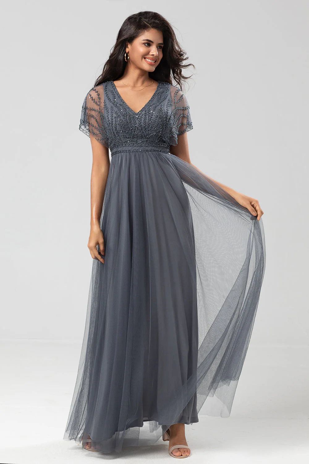 Epitome of Romance A-Line V Neck Eucalyptus Long Bridesmaid Dress with Beading - JUORTHO