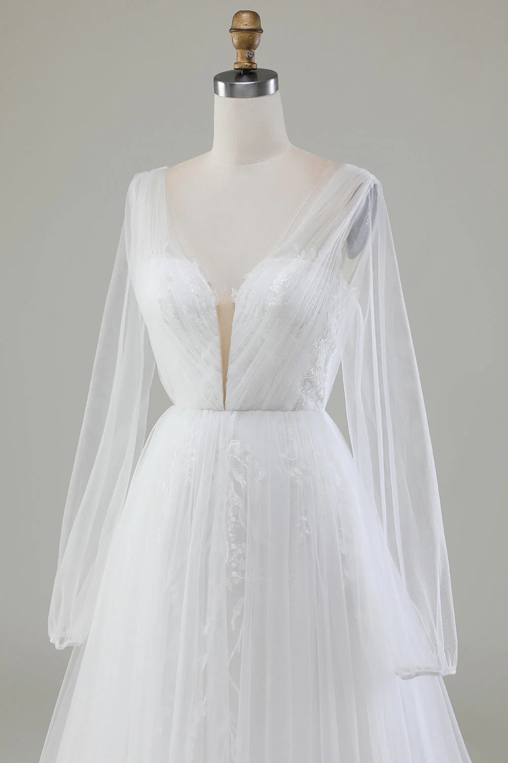 Ivory A-Line V-Neck Pleated Tulle Wedding Dress With Long Sleeves - JUORTHO