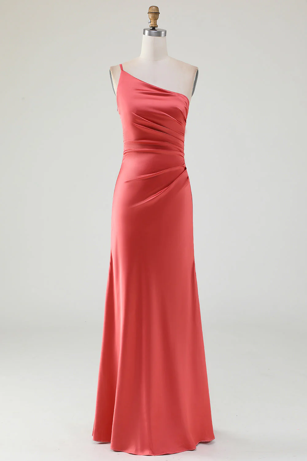 Terracotta Sheath One Shoulder Floor-Length Pleated Satin Bridesmaid Dress - JUORTHO