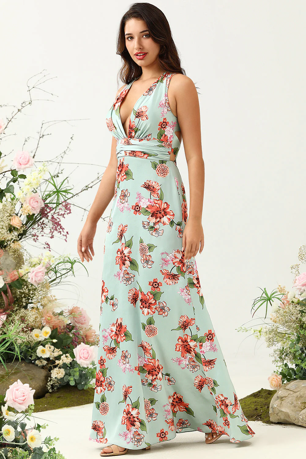 A Line Deep V Neck Green Printed Long Bridesmaid Dress - JUORTHO