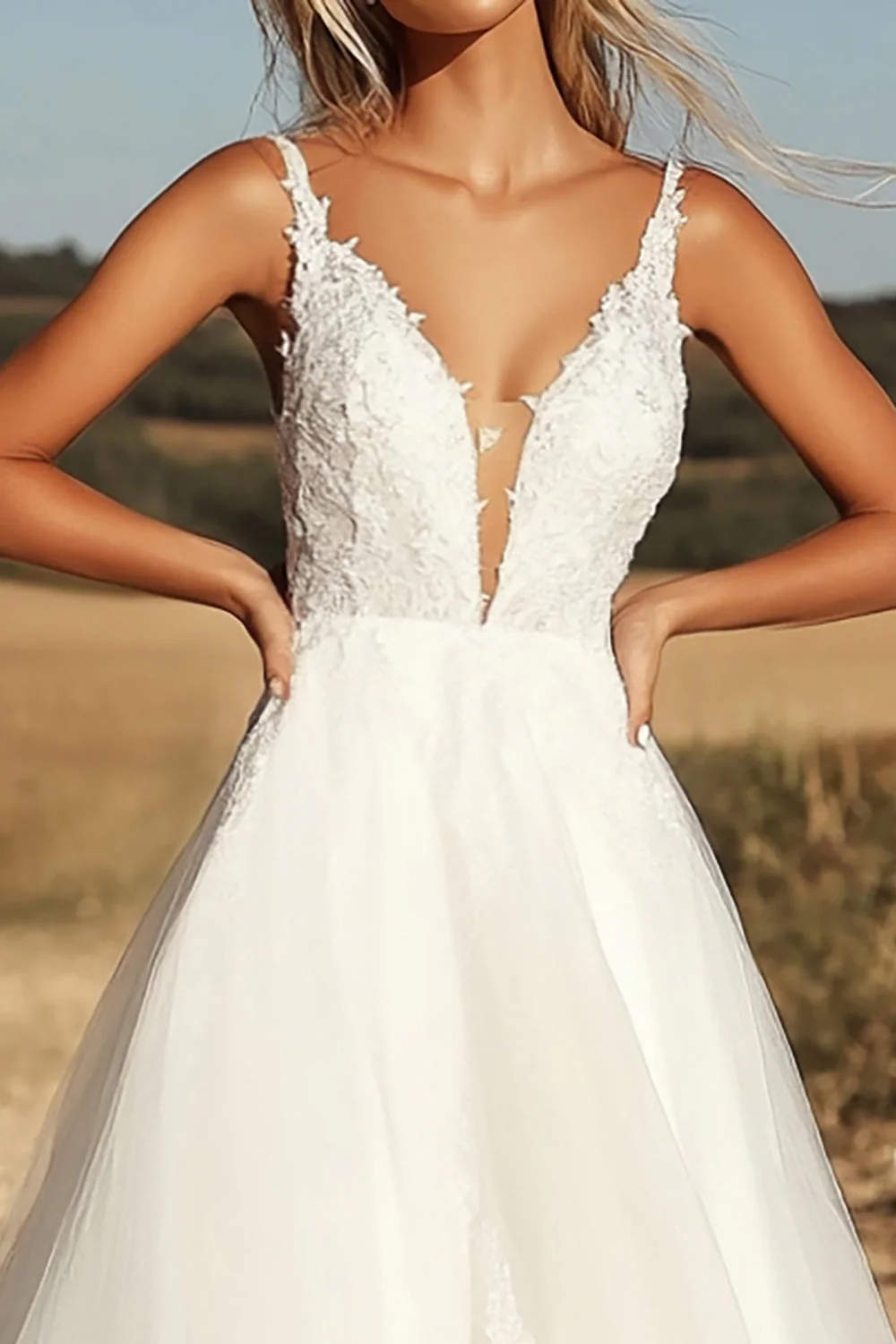 Delicate Ivory V Neck Tulle A Line Lace Applique Wedding Dress - JUORTHO