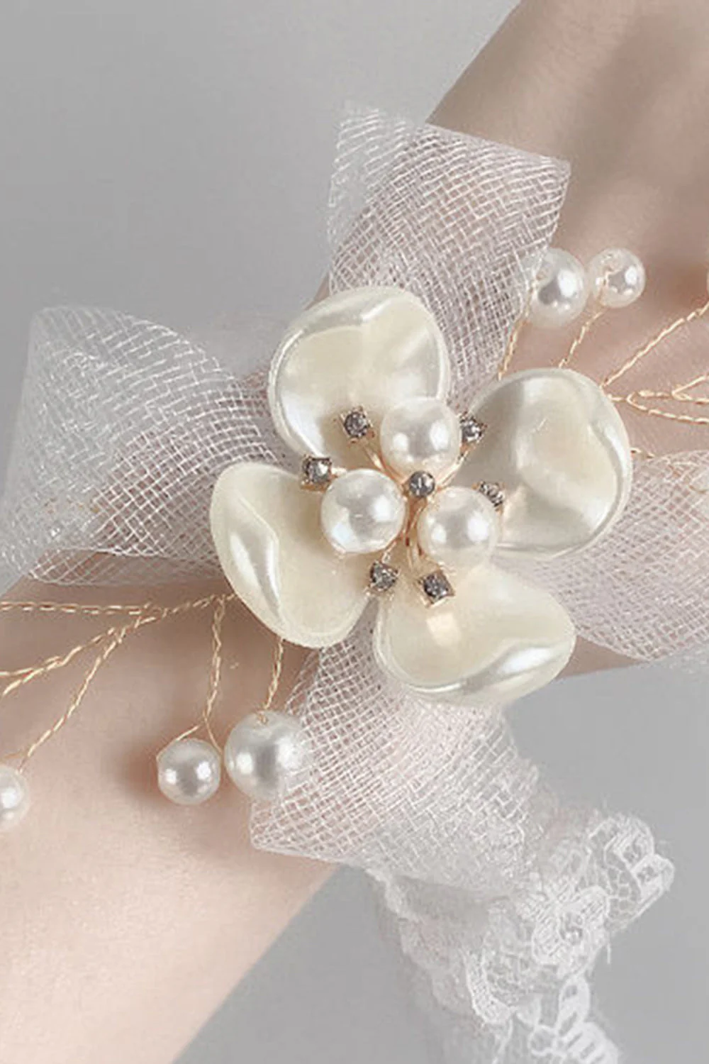 Elegant White Ceramic Flower Mesh Wrist Corsage with Lace Ribbon - JUORTHO