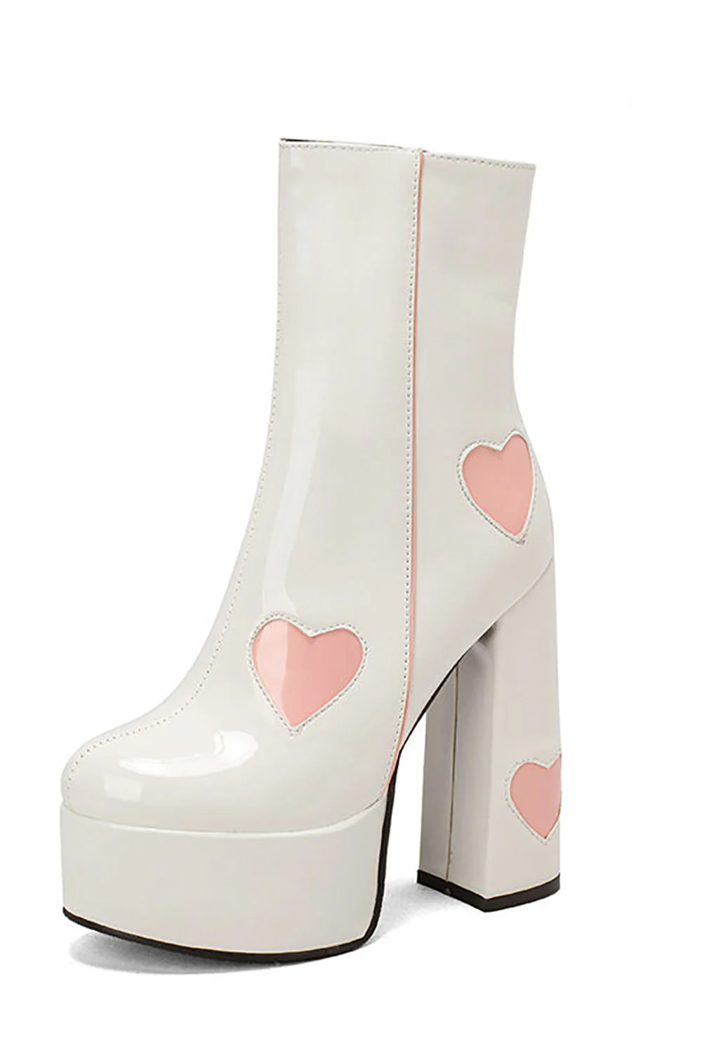 Black PU Leather Platform Chunky Block High Heel Boots with Pink Hearts - JUORTHO