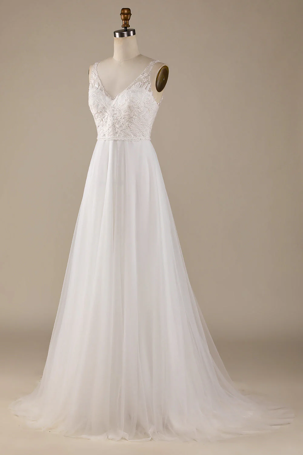 Ivory V-Neck Tulle Sweep Train Wedding Dress with Lace - JUORTHO