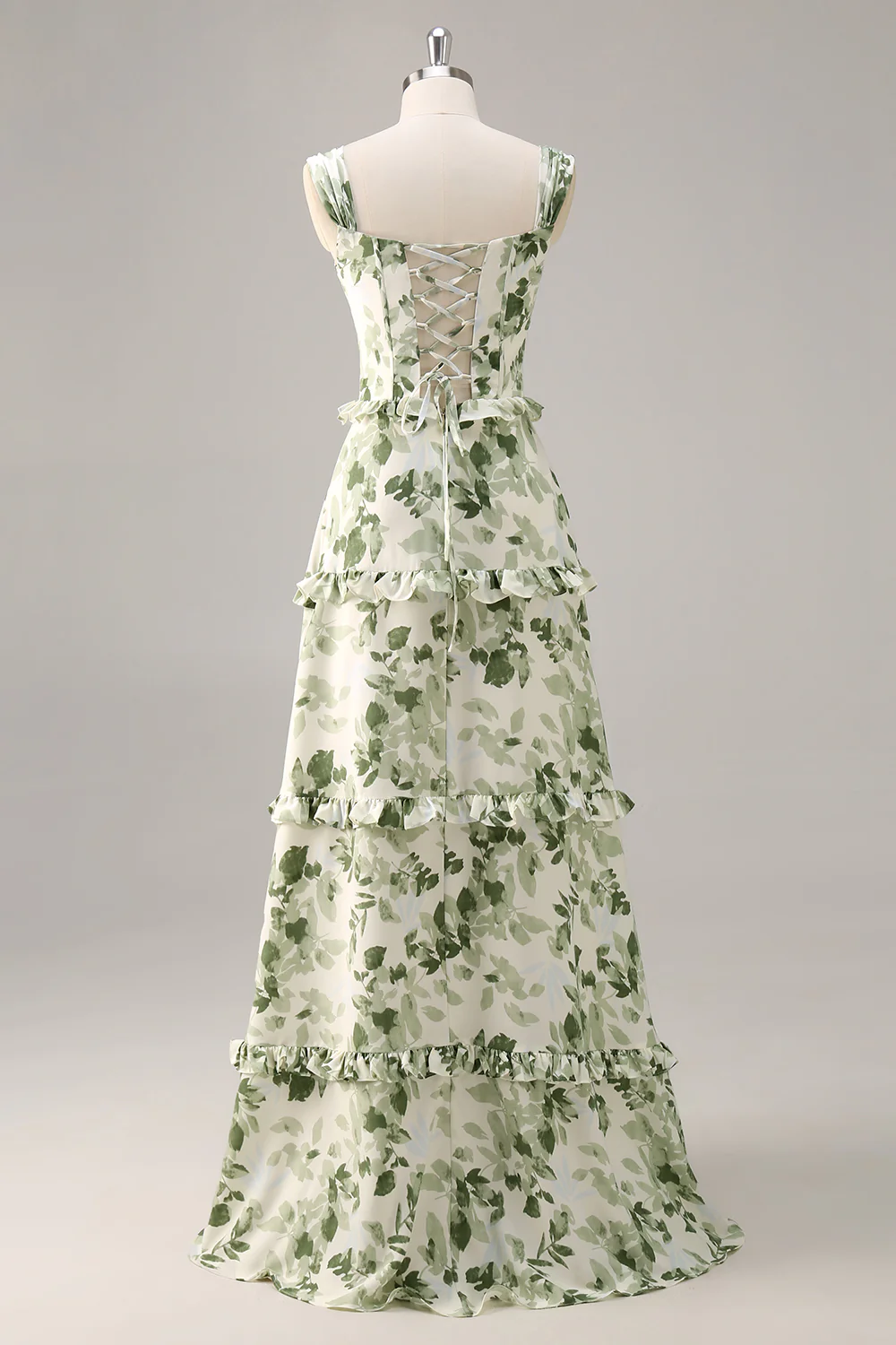 Green Floral Corset Satin Long Wedding Guest Dress with Ruffles - JUORTHO
