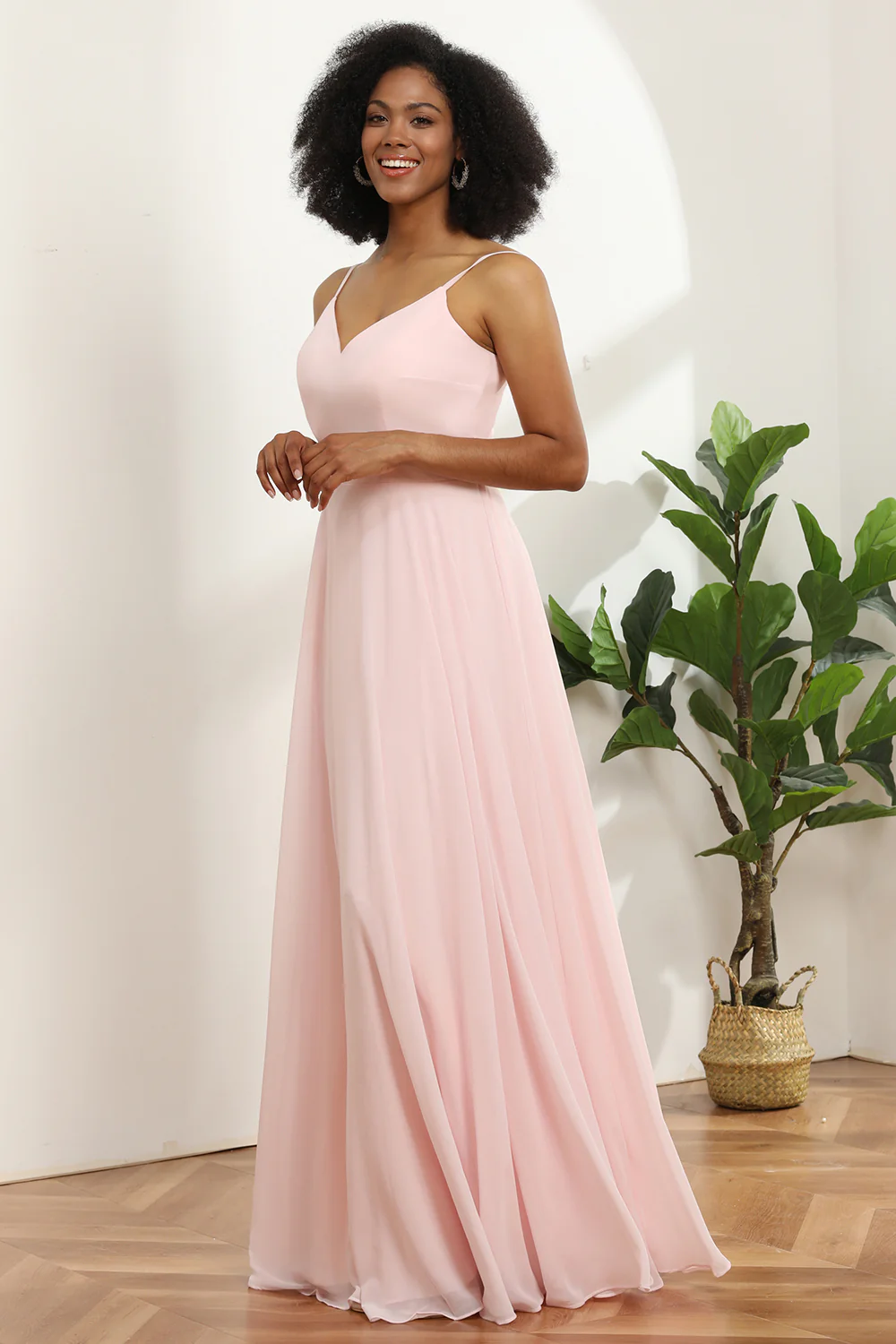 Pink  V-neck Spaghetti Straps Bridesmaid Dress - JUORTHO