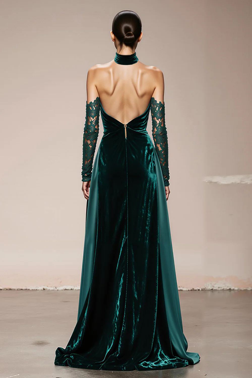 Dark Green Velvet Halter Long Holiday Party Dress with Slit - JUORTHO