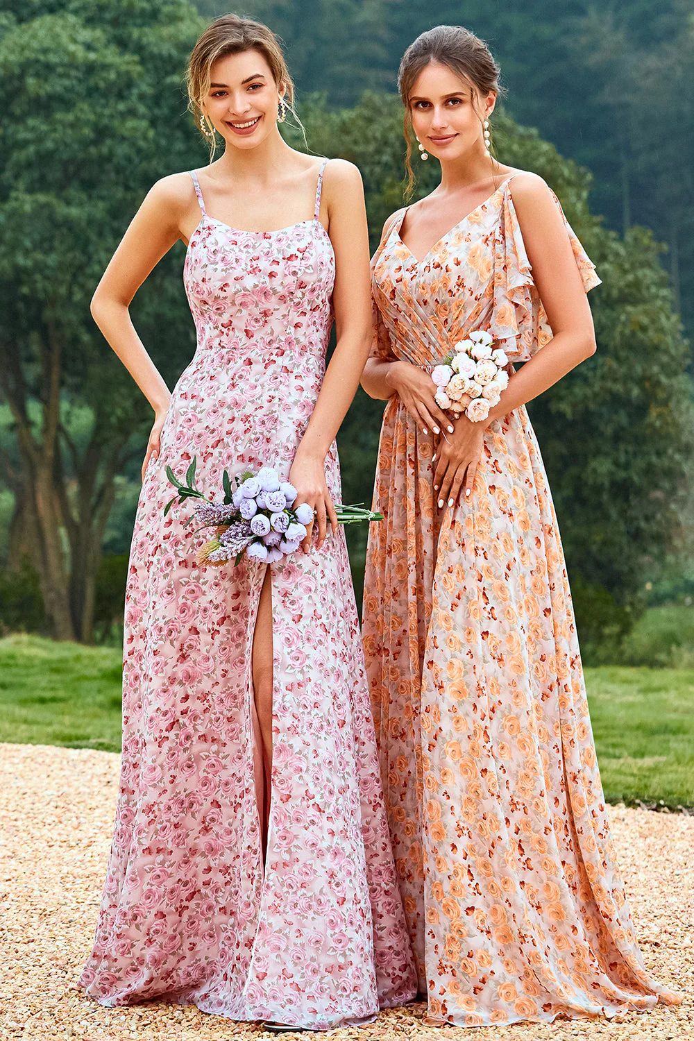 Pink Floral Print Bridesmaid Dress - JUORTHO