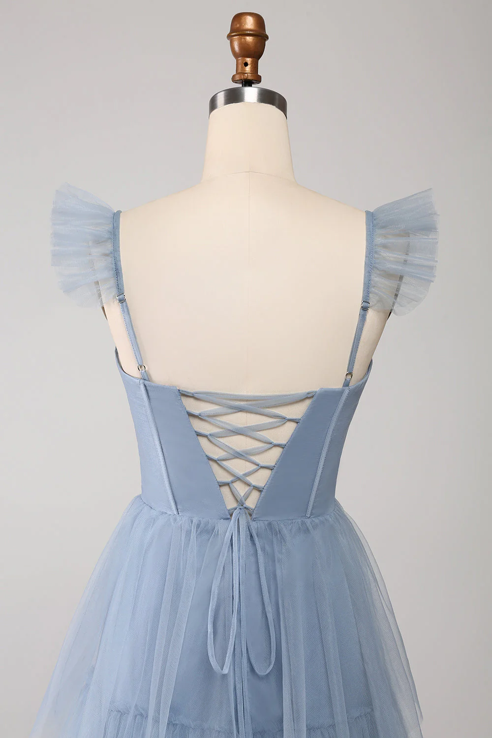 Dusty Blue A Line Tiered Tulle Corset Bridesmaid Dress with Slit - JUORTHO