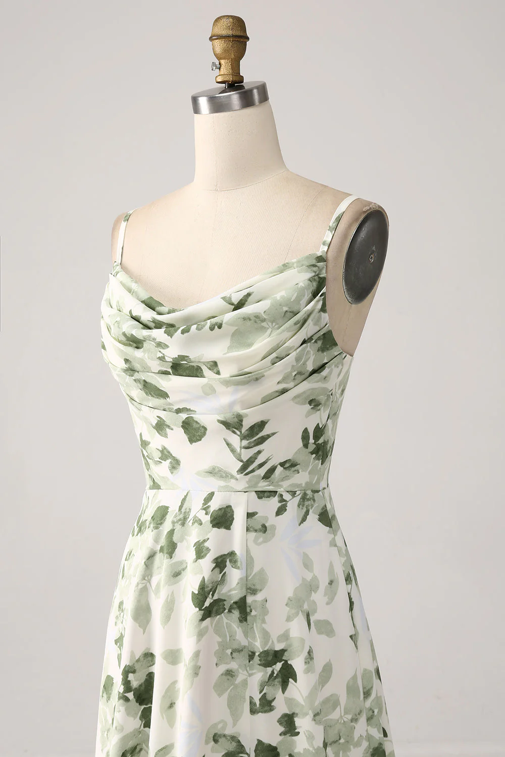 Cowl Neck Green Floral A Line Prom Dress with Slit - JUORTHO