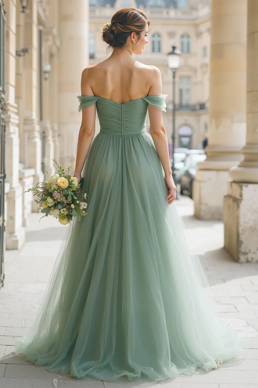 Eucalyptus Green Off the Shoulder Tulle A-Line Long Bridesmaid Dress - JUORTHO