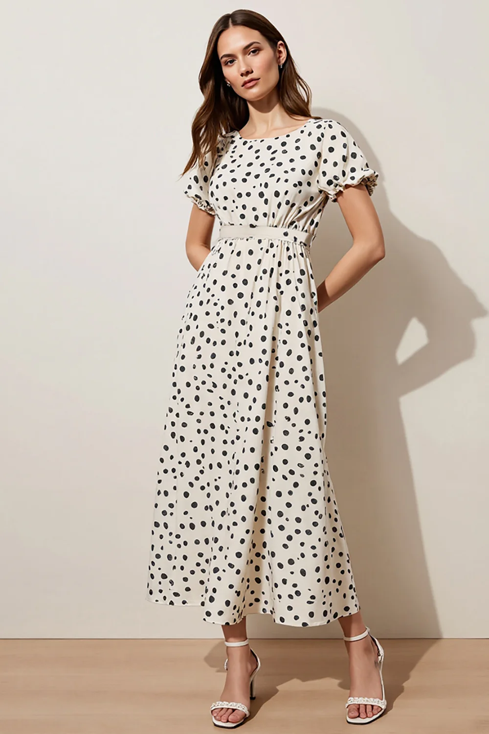 Black and White Polka Dots Short Sleeves A Line Maxi Work Dress - JUORTHO