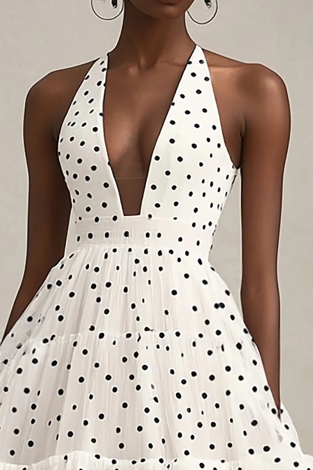 Tiered Black and White A Line Midi Tulle Polka Dot Dress with Ruffles - JUORTHO